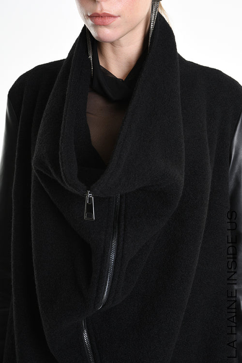 LH W5220 COAT Over Asymmetric Boiled Wool & Nappa Leather Black