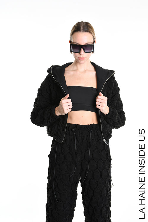 LH W5198 BOMBER Over Crop Jersey Embossed & Stretch Fleece Black