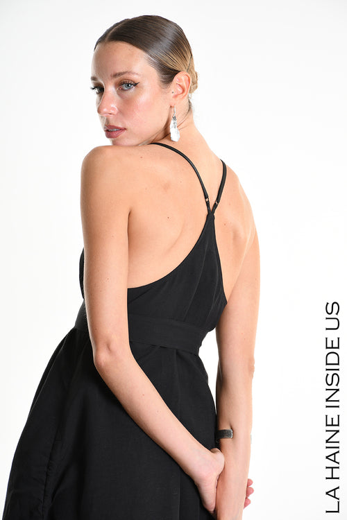 LH W5365 DRESS Asymmetric Fluid Viscose Linen Flamed Black