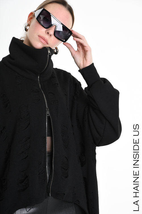 LH W5202 SWEATSHIRT Over Asymmetric Knitted Blend Wool Black