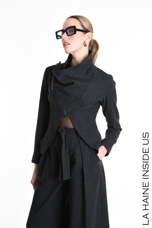 LH W5176 JACKET Asymmetric Flannel Pinstripe Black