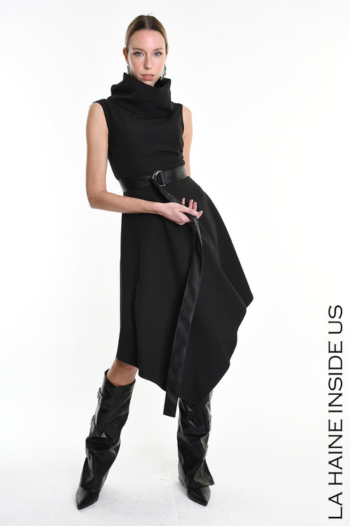 LH W5174 DRESS Asymmetric Tecno Stretch & Faux Leather Black