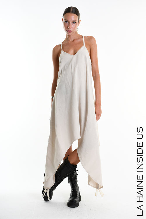 LH W5365 DRESS Asymmetric Fluid Viscose Linen Flamed Sand