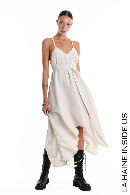 LH W5365 DRESS Asymmetric Fluid Viscose Linen Flamed Sand