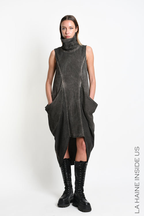 LH W5492 DRESS Over Asymmetric Tweel Cotton Dyed Cold Mud
