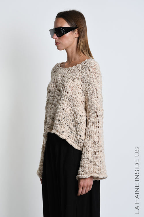 LH W5520 SWEATER Crop Blend Wool Braided Boucle Ecru