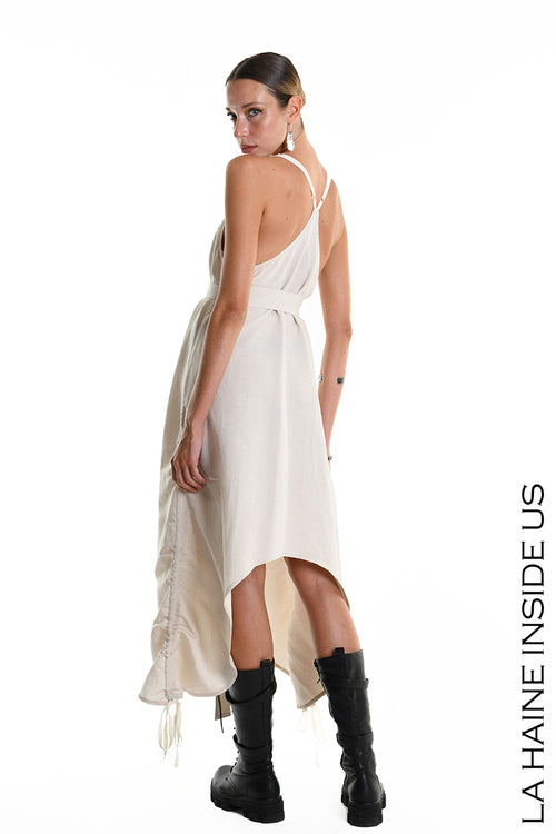 LH W5365 DRESS Asymmetric Fluid Viscose Linen Flamed Sand