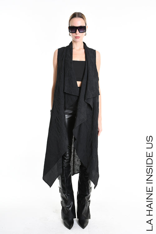 LH W5195 GILET Lungo in Nylon Jacquard & Tulle Stretch UNISEX D Nero