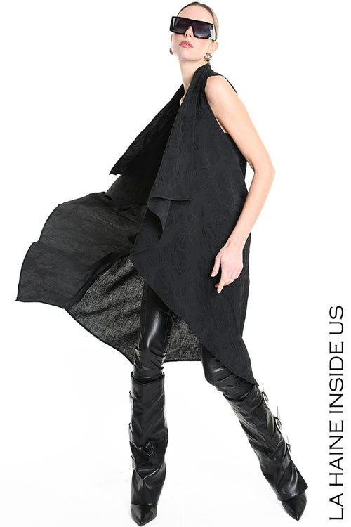 LH W5195 GILET Lungo in Nylon Jacquard & Tulle Stretch UNISEX D Nero