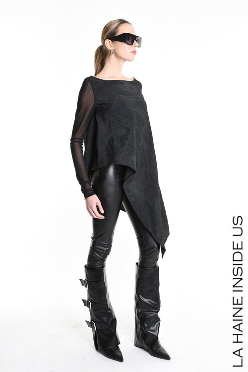 LH W5194 MAGLIA Over Asimmetrica in Nylon Jacquard &amp; Tulle Stretch Nero