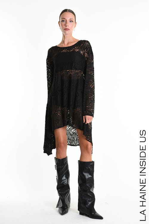 LH W5377 DRESS Asymmetric Viscose Stretch Perforated Black