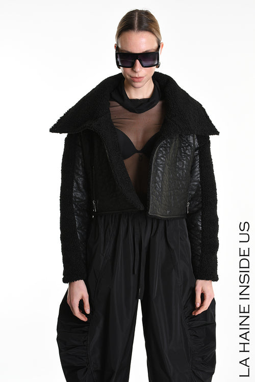 LH W5219 JACKET Crop Eco Leather & Wool Black