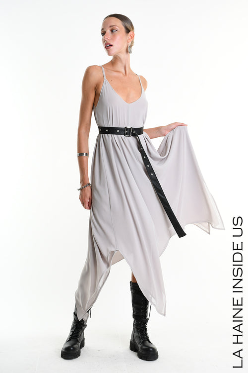 LH 5342 DRESS Doubled Georgette & Doubled Faux Leather Grey