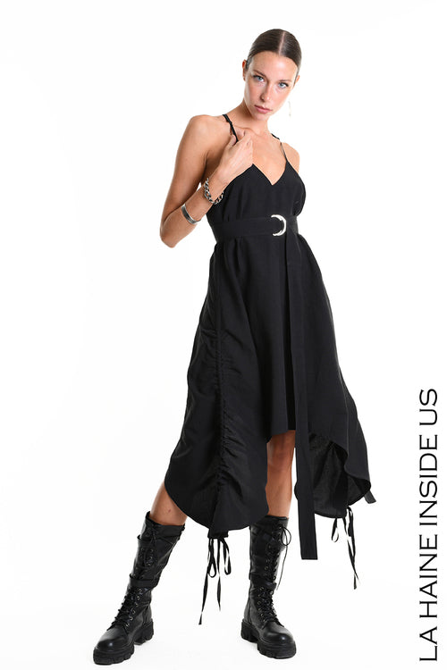 LH W5365 DRESS Asymmetric Fluid Viscose Linen Flamed Black
