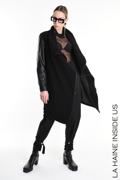 LH W5220 COAT Over Asymmetric Boiled Wool & Nappa Leather Black