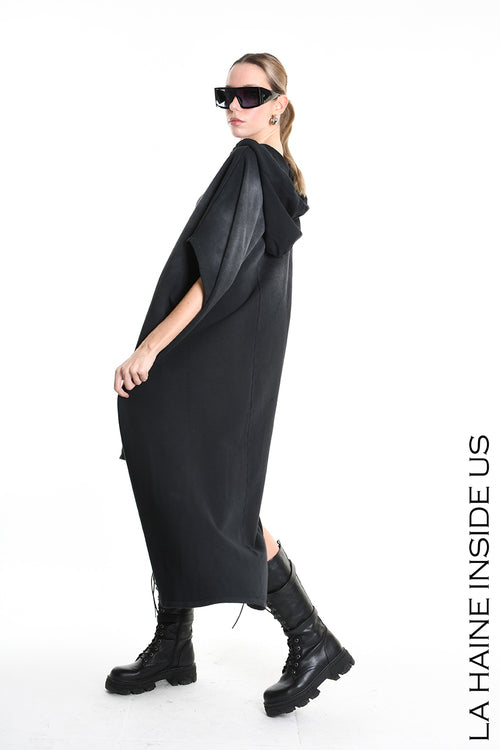 LH  W5224 DRESS Over Asymmetric Chorosive Treatment Fleece Black
