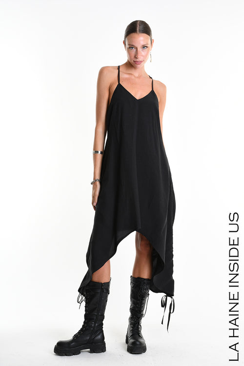 LH W5365 DRESS Asymmetric Fluid Viscose Linen Flamed Black