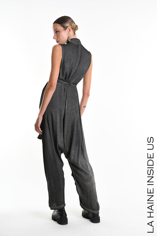 LH W5382 JUMPSUIT/DRESS Multifunctional Over Dyed Viscose Satin Black