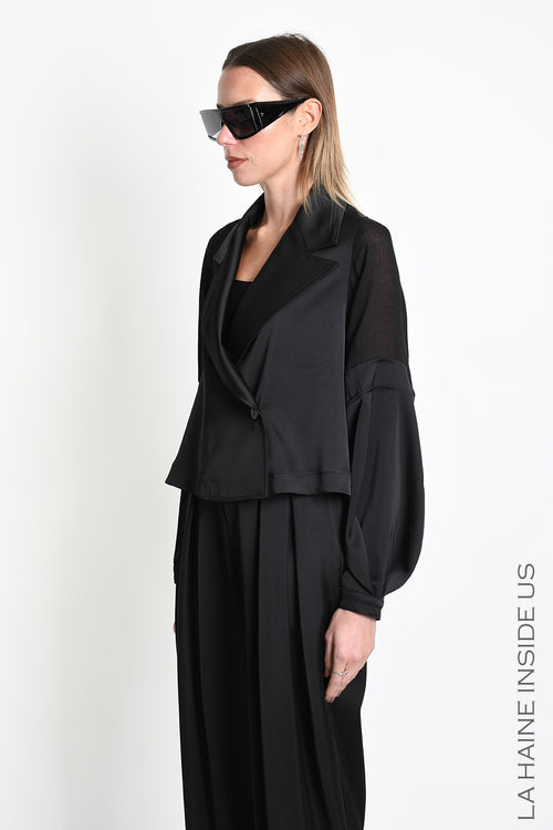 LH W5470 BLAZER Over Crop Satin & Gauze Viscose Wool Black