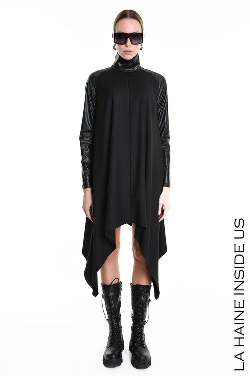 LH W5178 DRESS Asymmetric Fluid & Faux Leather Black