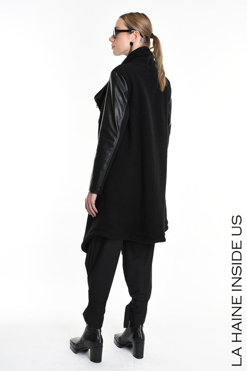 LH W5220 COAT Over Asymmetric Boiled Wool & Nappa Leather Black