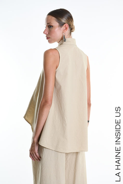 LH W5267 SHIRT Over Asymmetric Cotton Crumpled Dyed Sand