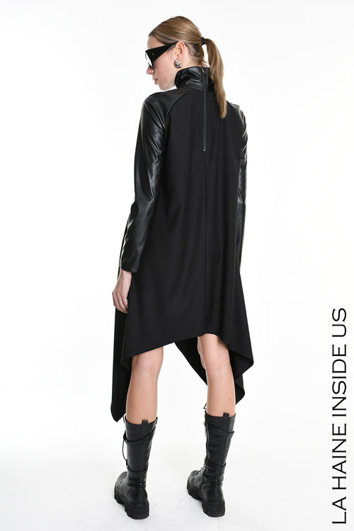LH W5178 DRESS Asymmetric Fluid & Faux Leather Black