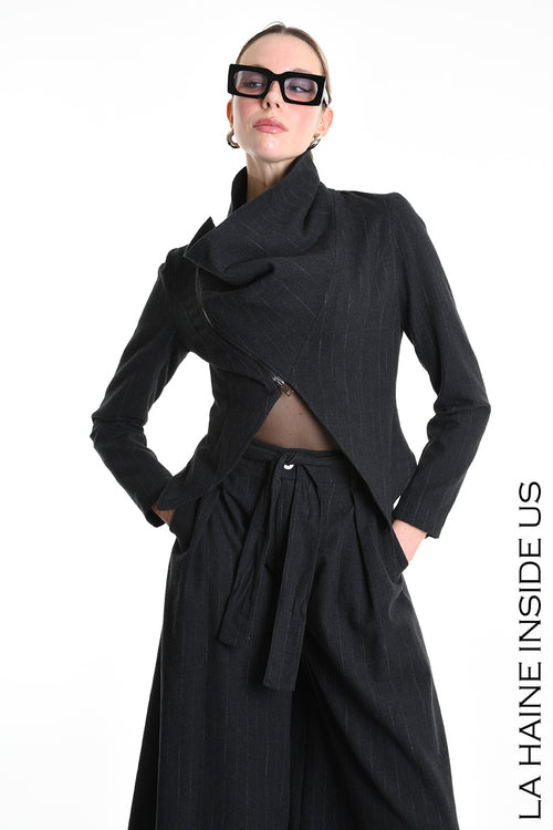 LH W5176 JACKET Asymmetric Flannel Pinstripe Black