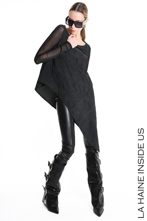 LH W5194 MAGLIA Over Asimmetrica in Nylon Jacquard &amp; Tulle Stretch Nero