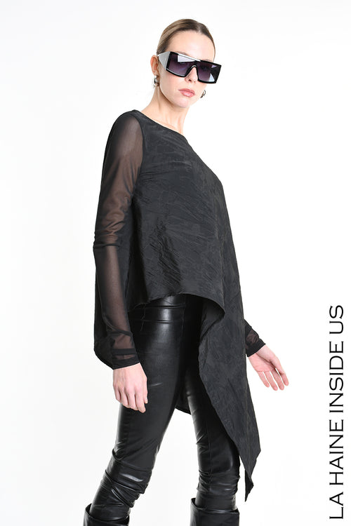 LH W5194 MAGLIA Over Asimmetrica in Nylon Jacquard &amp; Tulle Stretch Nero