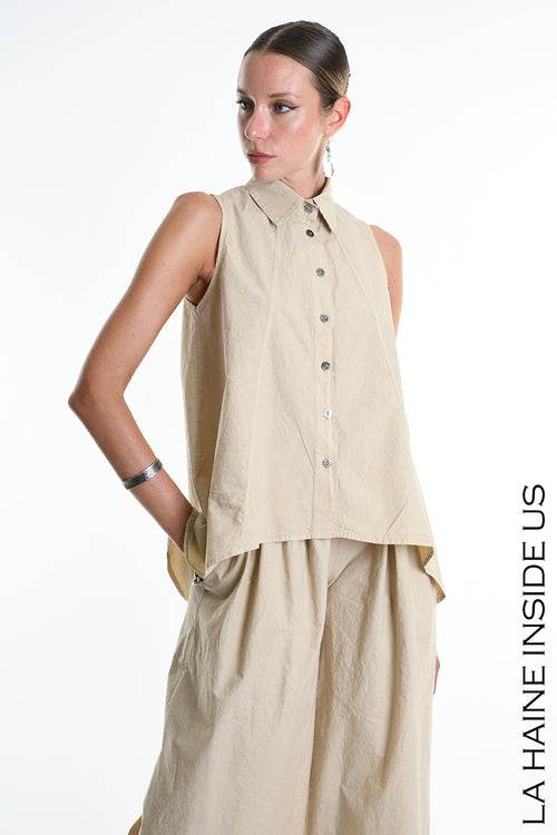 LH W5267 SHIRT Over Asymmetric Cotton Crumpled Dyed Sand