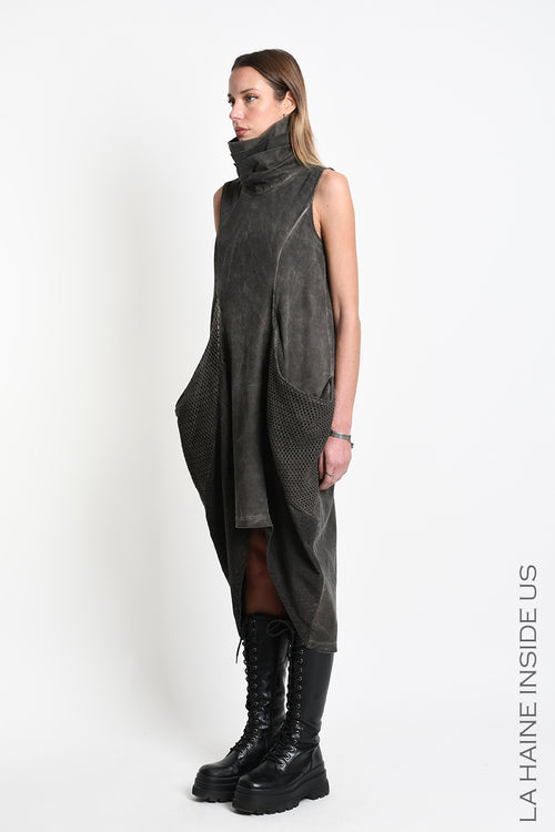 LH W5492 DRESS Over Asymmetric Tweel Cotton Dyed Cold Mud