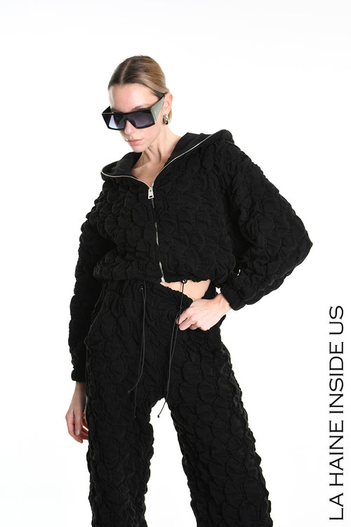 LH W5198 BOMBER Over Crop Jersey Embossed & Stretch Fleece Black