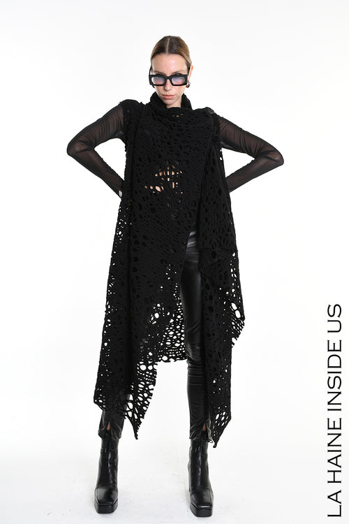 LH  W5200 GILET Over Asymmetric Blend Wool Perforated UNISEX D Black