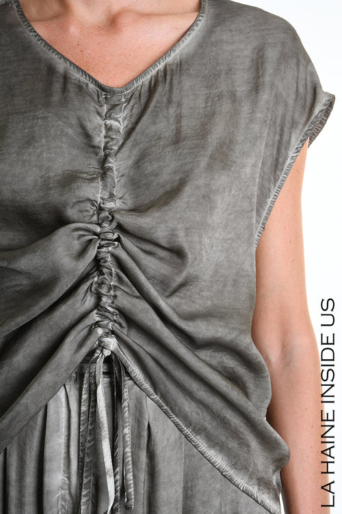 LH W5278 TUNIC Over Asymmetrical Viscose Satin Dyed Cold Mud