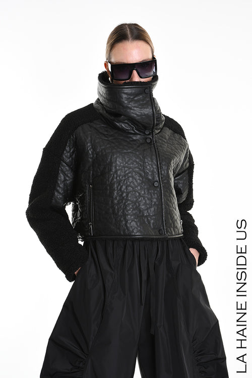 LH W5219 JACKET Crop Eco Leather & Wool Black