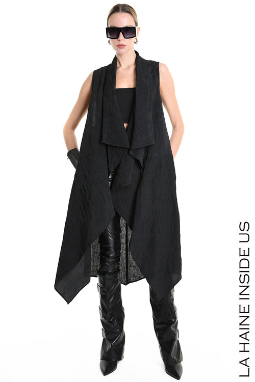 LH W5195 GILET Lungo in Nylon Jacquard & Tulle Stretch UNISEX D Nero