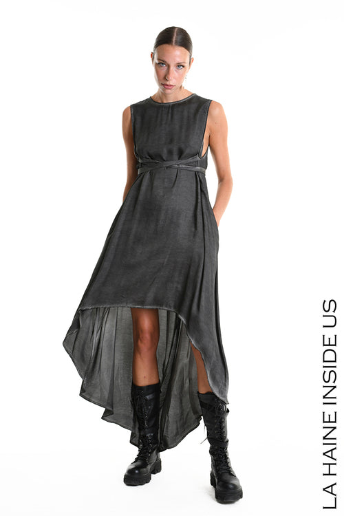 LH W5276 DRESS Asymmetrical Silk Viscose Dyed Cold Black