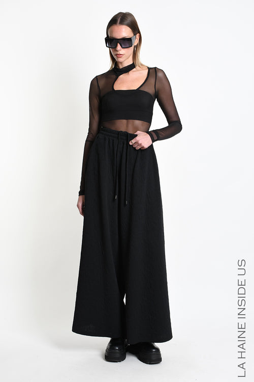 LH W5451 TROUSERS Flared Palazzo in Embossed Stretch Fleece Black
