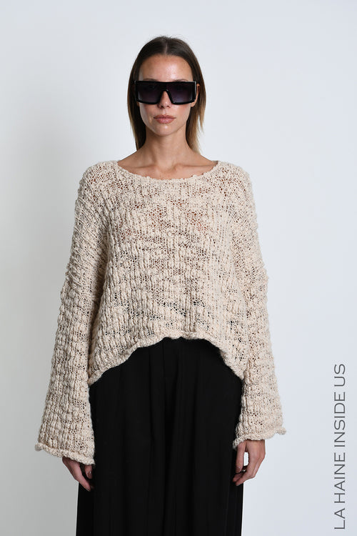 LH W5520 SWEATER Crop Blend Wool Braided Boucle Ecru