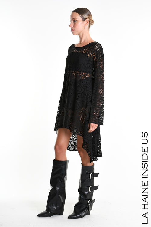 LH W5377 DRESS Asymmetric Viscose Stretch Perforated Black