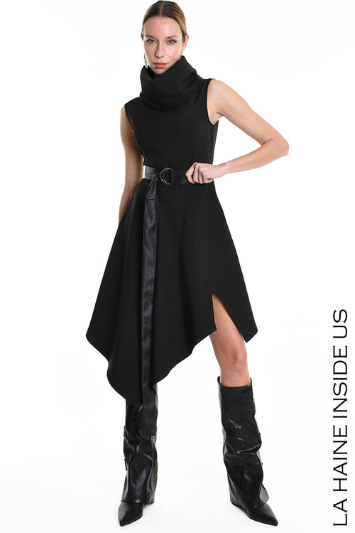 LH W5174 DRESS Asymmetric Tecno Stretch & Faux Leather Black