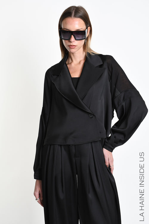 LH W5470 BLAZER Over Crop Satin & Gauze Viscose Wool Black