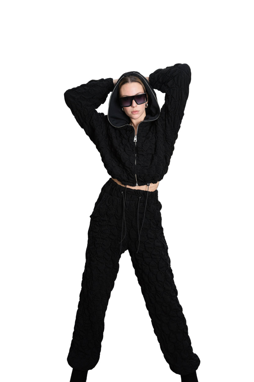 LH W5198 BOMBER Over Crop Jersey Embossed & Stretch Fleece Black