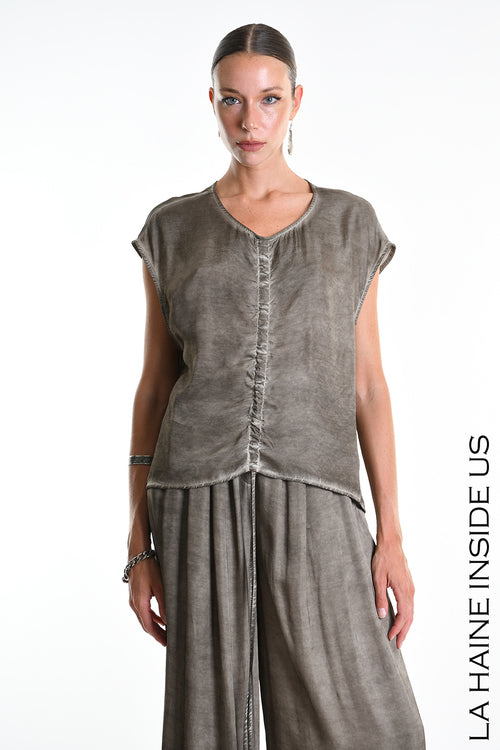 LH W5278 TUNIC Over Asymmetrical Viscose Satin Dyed Cold Mud