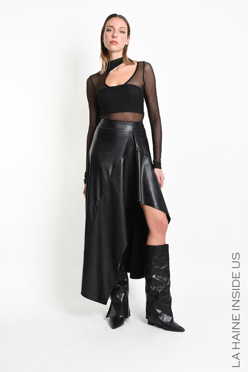LH W5418 SKIRT Asymmetric with Volant Faux Leather Stretch Black