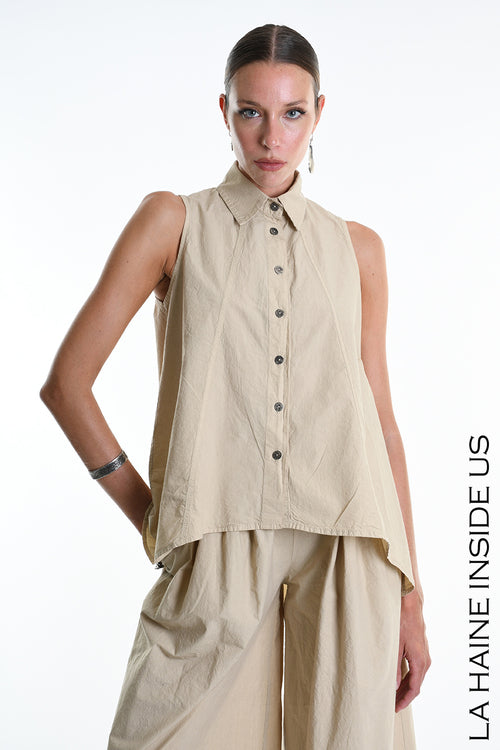 LH W5267 SHIRT Over Asymmetric Cotton Crumpled Dyed Sand