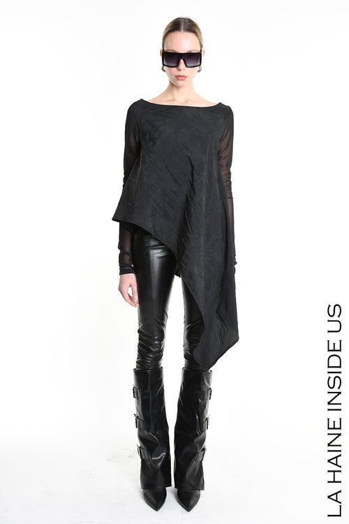 LH W5194 MAGLIA Over Asimmetrica in Nylon Jacquard &amp; Tulle Stretch Nero