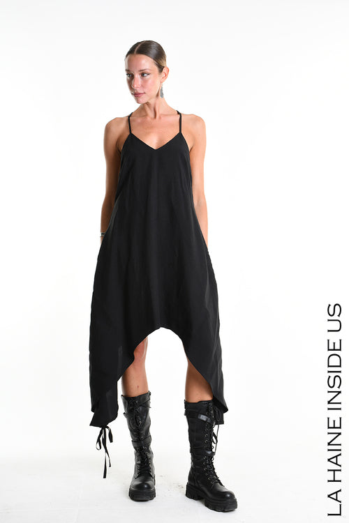 LH W5365 DRESS Asymmetric Fluid Viscose Linen Flamed Black