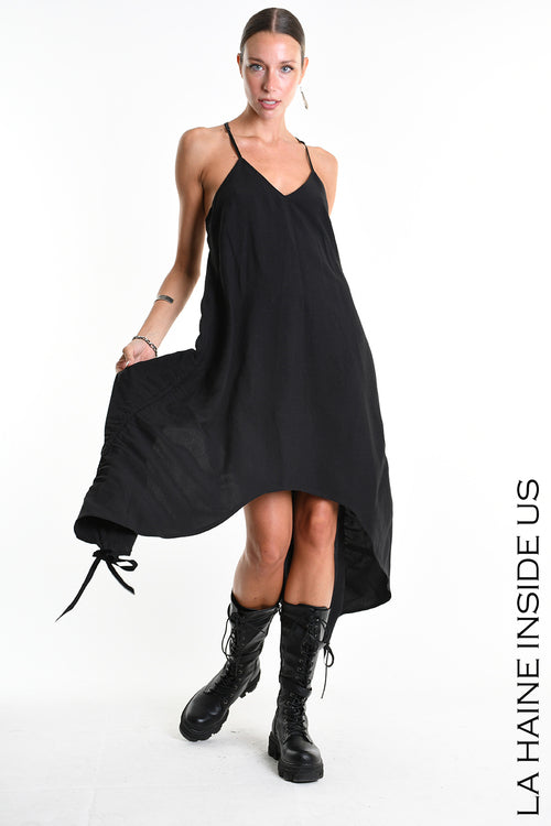 LH W5365 DRESS Asymmetric Fluid Viscose Linen Flamed Black